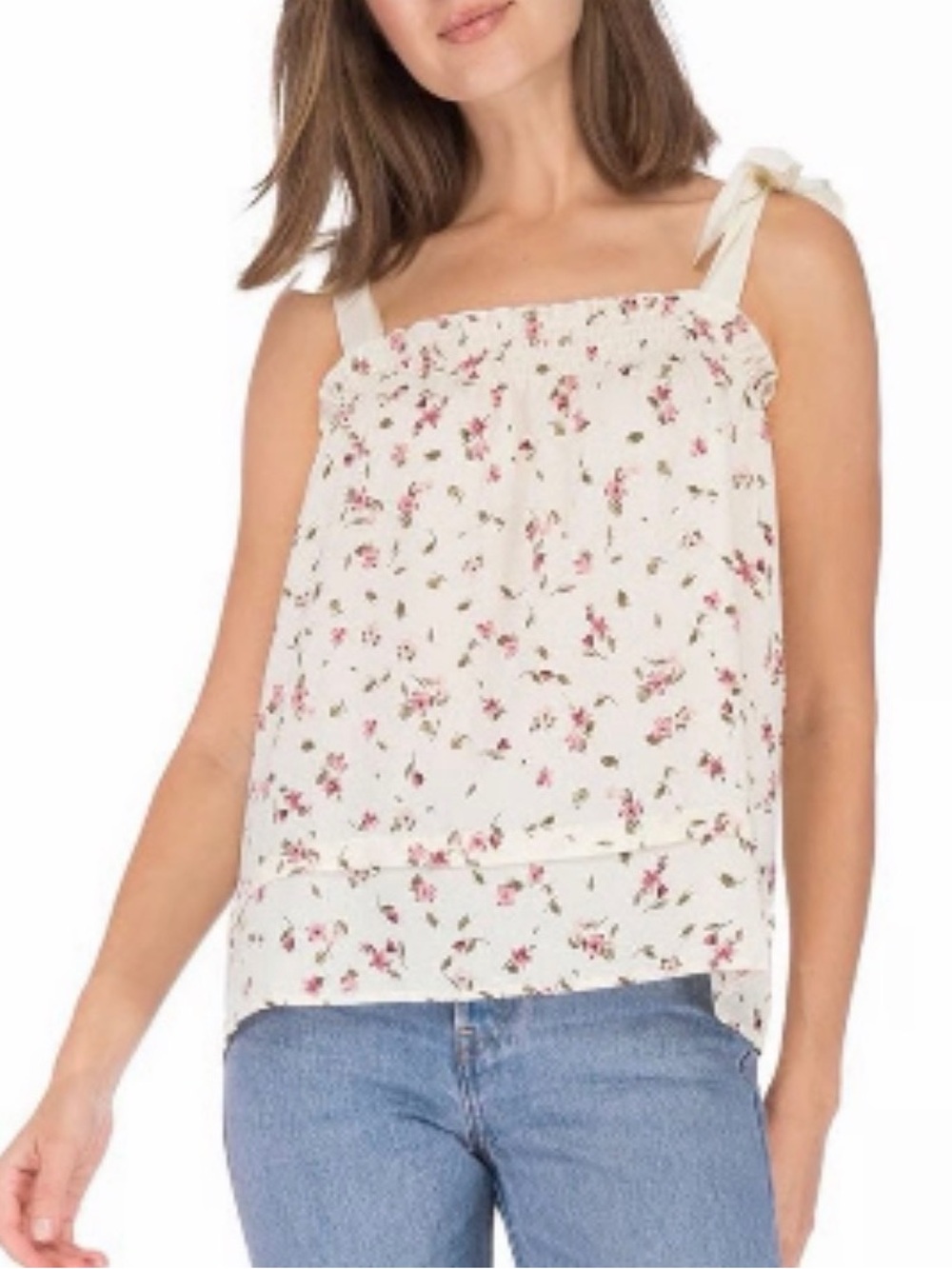 Floral Tie-Shoulder Smocked Tank Top - Cream with Burgundy Floral